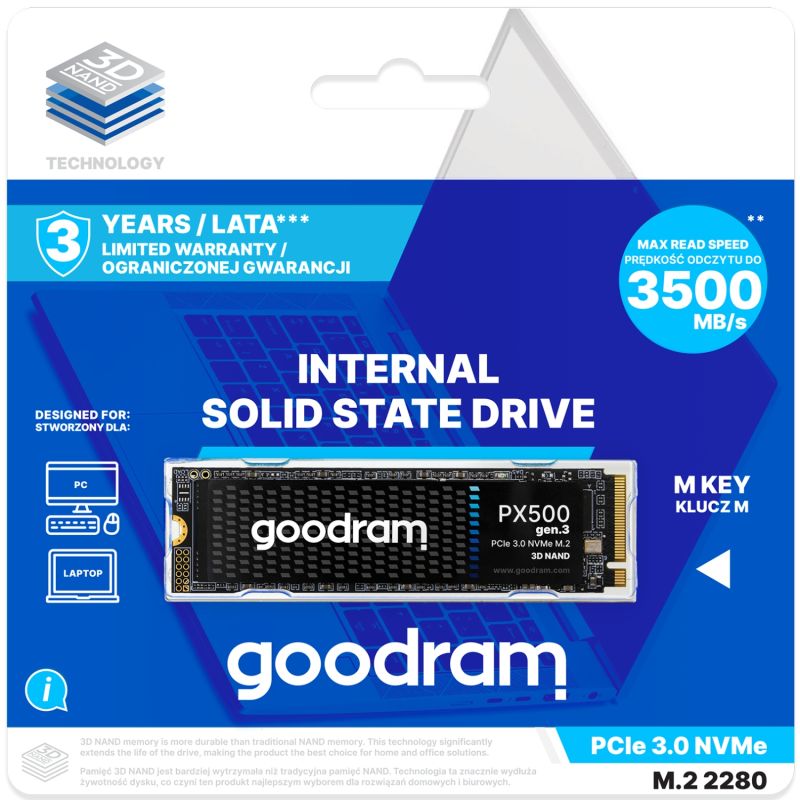 SSD 1Tb GoodRAM PX500 M.2 2280 PCIe Gen 3x4 NVMe 3D NAND, Retail (SSDPR-PX500-01T-80-G3)