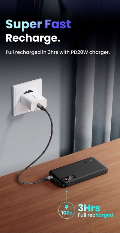 УМБ Ugreen 10000mAh 20W PD,QC3.0 USB-A+USB-C Black (PB311) (25742)