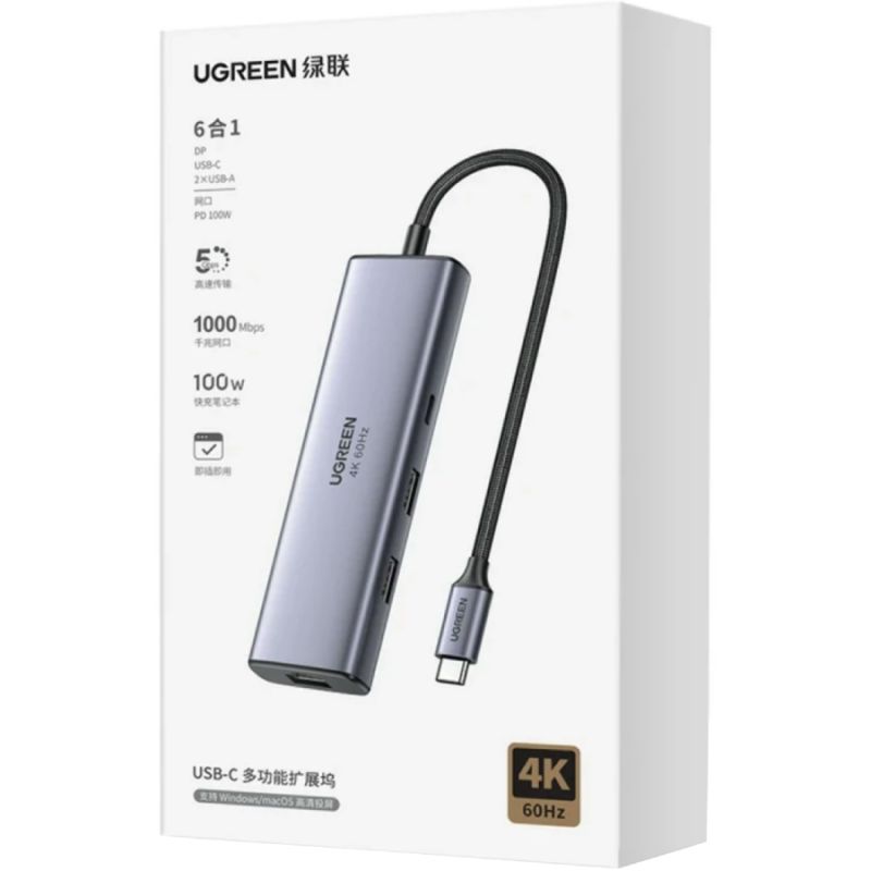 Док-станція USB3.0 Type-C --> DP4K60Hz/RJ45/USB-Ax2, 3.0/ 1xUSB-C 3.0/ PD 100W CM512 сіра Ugreen (75643)