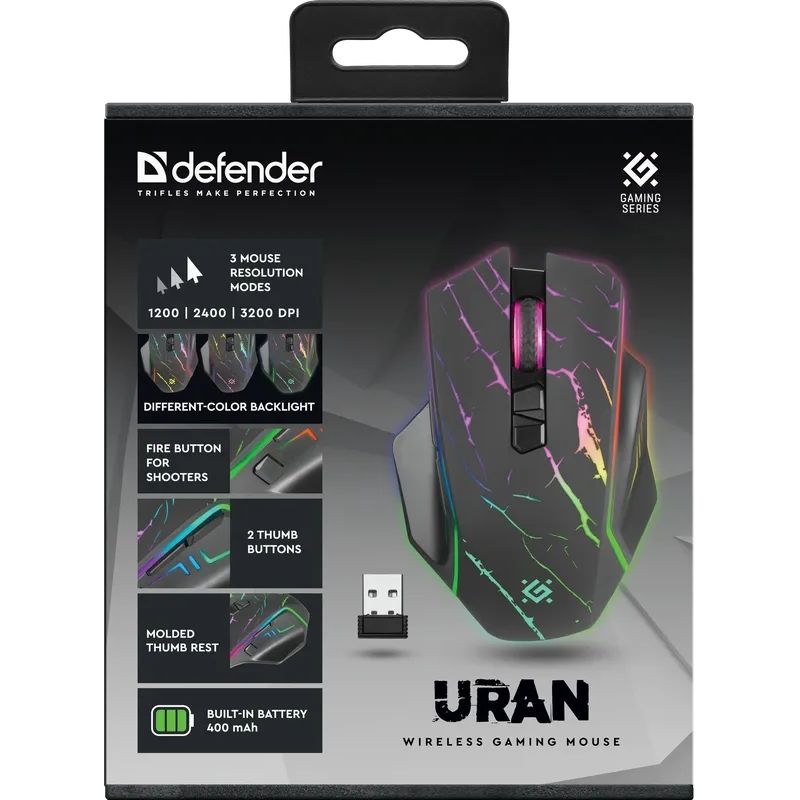 Мишка Defender Uran GM-503, бездротова, ігрова, 3200 dpi., 8кн., 400mAh, LED, чорна (52503)