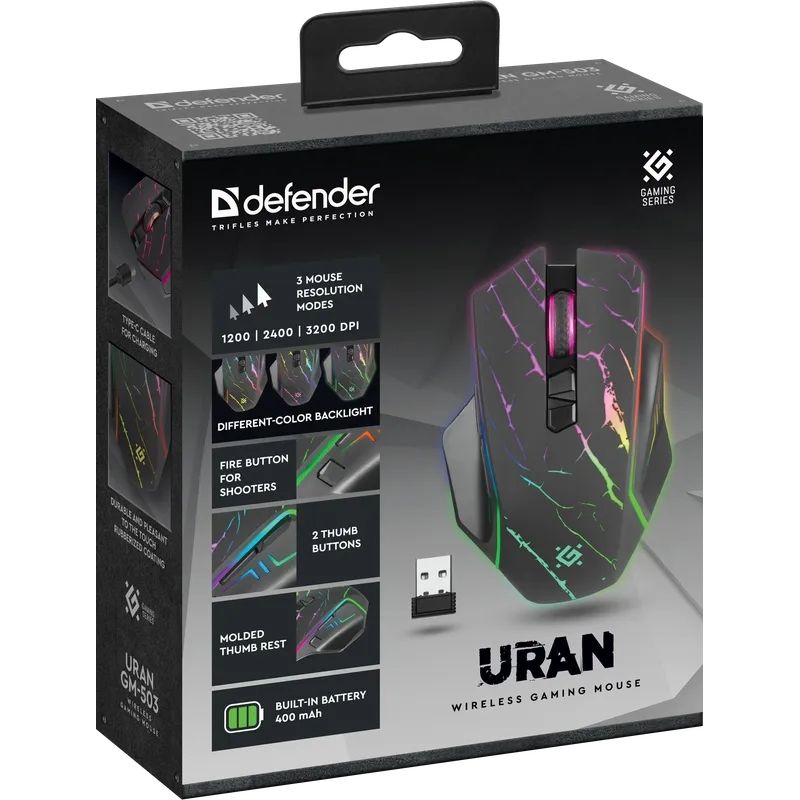 Мишка Defender Uran GM-503, бездротова, ігрова, 3200 dpi., 8кн., 400mAh, LED, чорна (52503)