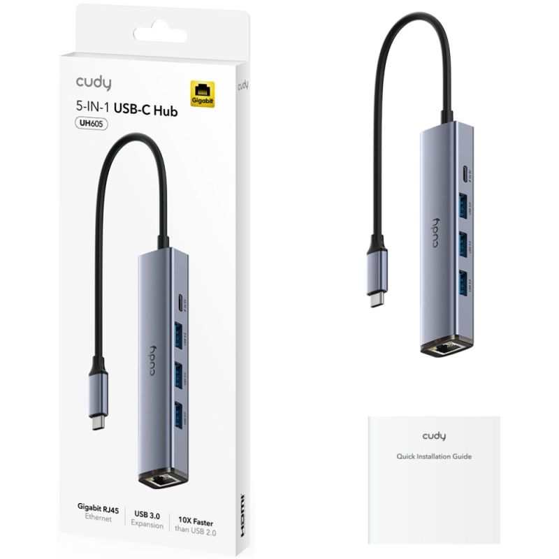 Хаб USB 3.0 Type-C -> 3хUSB-A, 1хUSB-C (5 Гбіт/с), 1xGigabit Ethernet port, алюмінієвий корпус, Cudy (UH605)