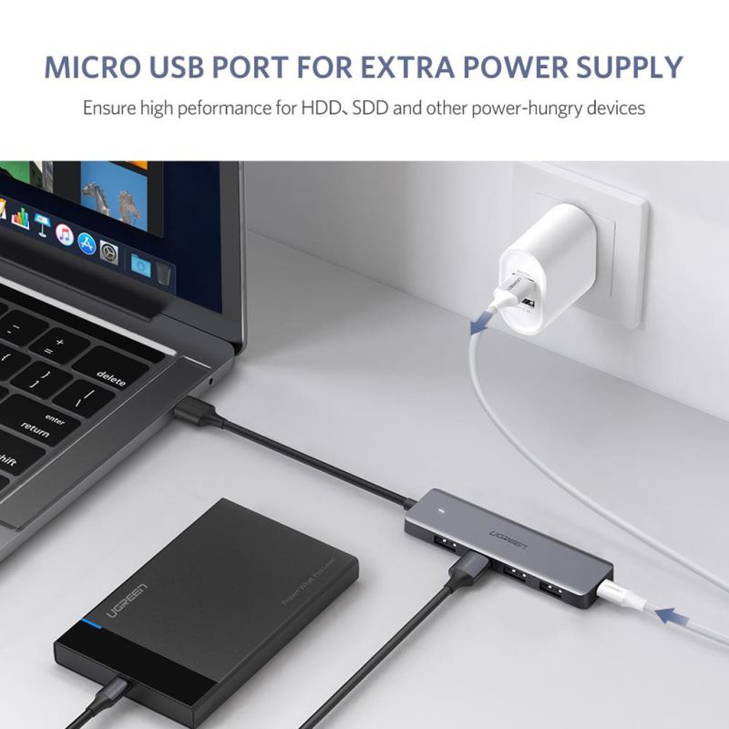 Хаб USB 3.0 -> 4xUSB 3.0 active, з живленням Type-C, 15см CM219 Ugreen (50985)