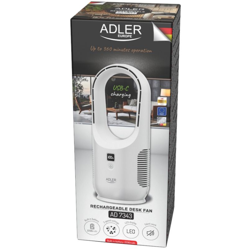 Вентилятор AdlerAD 7343 настільний/ безлопатевий/ акумуляторний/ 5Вт/ Li-ion 2200mAh/ USB-C/ білий (AD7343)