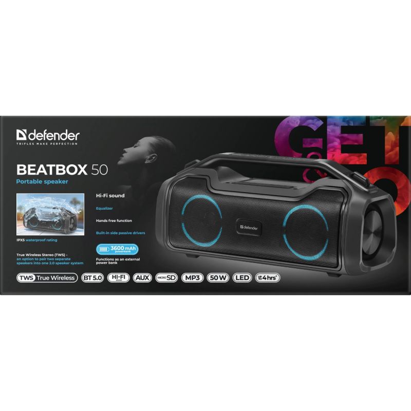 Акустична система 1.0 Defender Beatbox 50, 50W, Bluetooth/RGB/TF/TypeC/IPX5/PWB чорна (65950)
