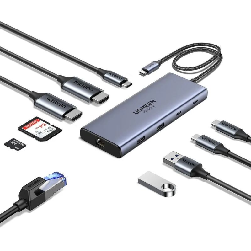 Док-станція USB3.2 Type-C --> HDMIx2,4K60Hz/2xUSB-A/2xUSB-C 3.2/ RJ45/SD/TF/PD 100W CM639 Ugreen (45380)