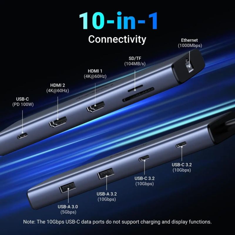 Док-станція USB3.2 Type-C --> HDMIx2,4K60Hz/2xUSB-A/2xUSB-C 3.2/ RJ45/SD/TF/PD 100W CM639 Ugreen (45380)