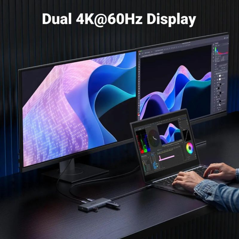 Док-станція USB3.2 Type-C --> HDMIx2,4K60Hz/2xUSB-A/2xUSB-C 3.2/ RJ45/SD/TF/PD 100W CM639 Ugreen (45380)