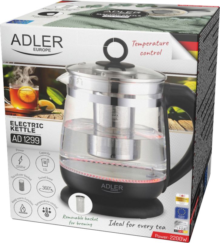 Електрочайник Adler AD 1299 1850-2200Вт/ 1.5л/ скло/ заварник/ встановлення температури/ чорний (AD1299b)