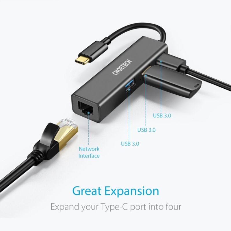 Док-станція USB3.1 Type-C --> USBx3, 3.0/RJ45(1000M) Ethernet 4 in 1 Hub Choetech (HUB-U02-BK)