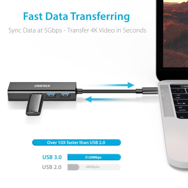 Док-станція USB3.1 Type-C --> USBx3, 3.0/RJ45(1000M) Ethernet 4 in 1 Hub Choetech (HUB-U02-BK)