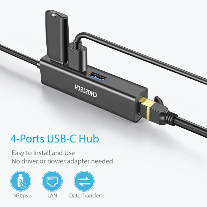 Док-станція USB3.1 Type-C --> USBx3, 3.0/RJ45(1000M) Ethernet 4 in 1 Hub Choetech (HUB-U02-BK)