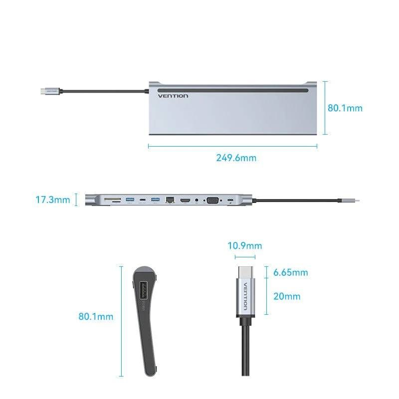 Док-станція USB3.1 Type-C --> HDMI 4K30Hz/VGA/USB3.0x3/RJ45/SD/TF/TRRS 3.5mm/PD 100W Vention 11in1 (THTHC)