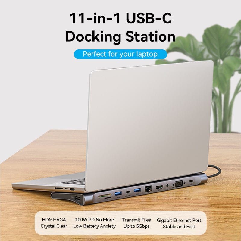 Док-станція USB3.1 Type-C --> HDMI 4K30Hz/VGA/USB3.0x3/RJ45/SD/TF/TRRS 3.5mm/PD 100W Vention 11in1 (THTHC)
