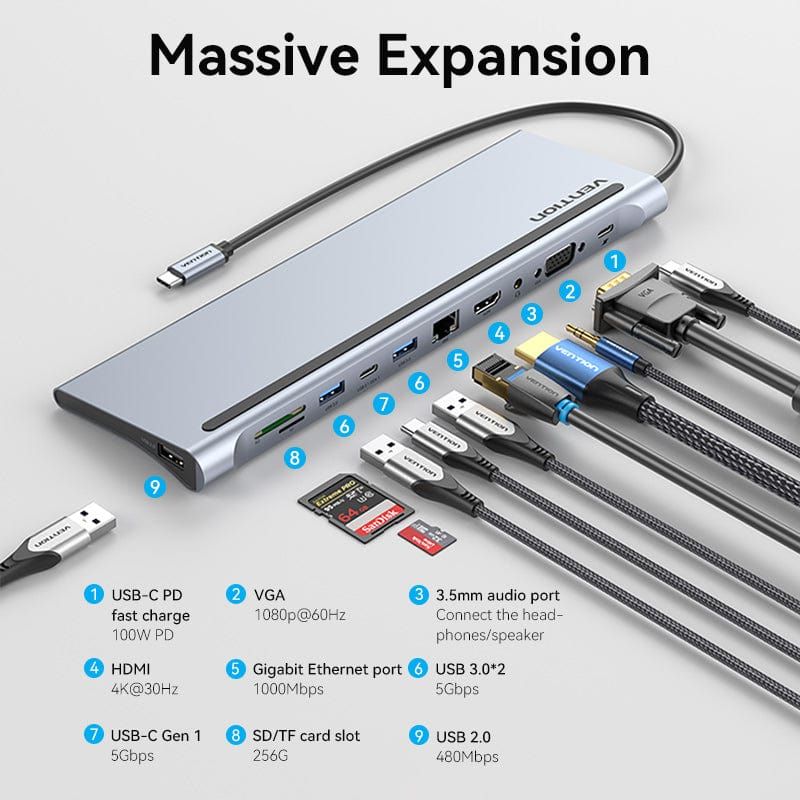 Док-станція USB3.1 Type-C --> HDMI 4K30Hz/VGA/USB3.0x3/RJ45/SD/TF/TRRS 3.5mm/PD 100W Vention 11in1 (THTHC)