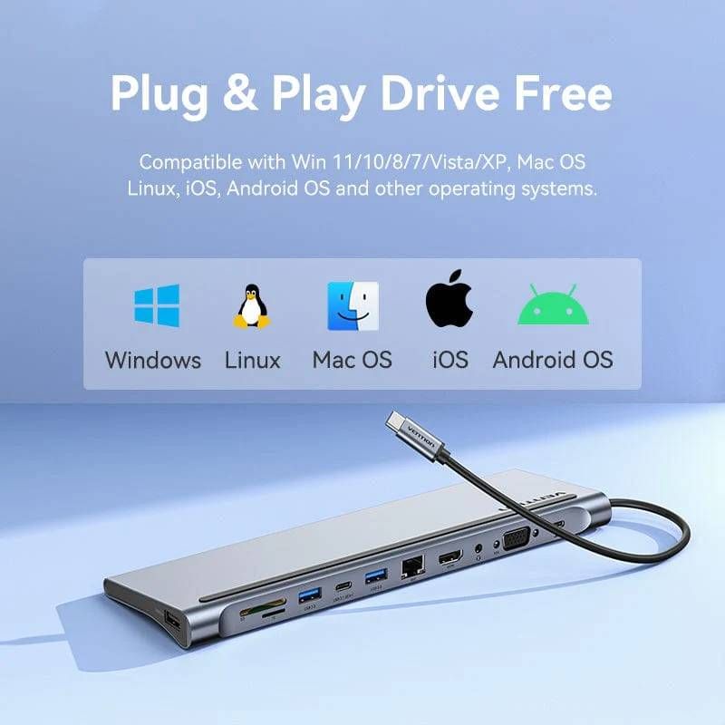 Док-станція USB3.1 Type-C --> HDMI 4K30Hz/VGA/USB3.0x3/RJ45/SD/TF/TRRS 3.5mm/PD 100W Vention 11in1 (THTHC)