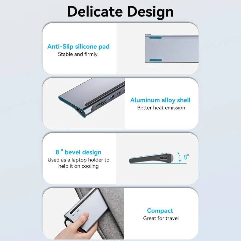 Док-станція USB3.1 Type-C --> HDMI 4K30Hz/VGA/USB3.0x3/RJ45/SD/TF/TRRS 3.5mm/PD 100W Vention 11in1 (THTHC)
