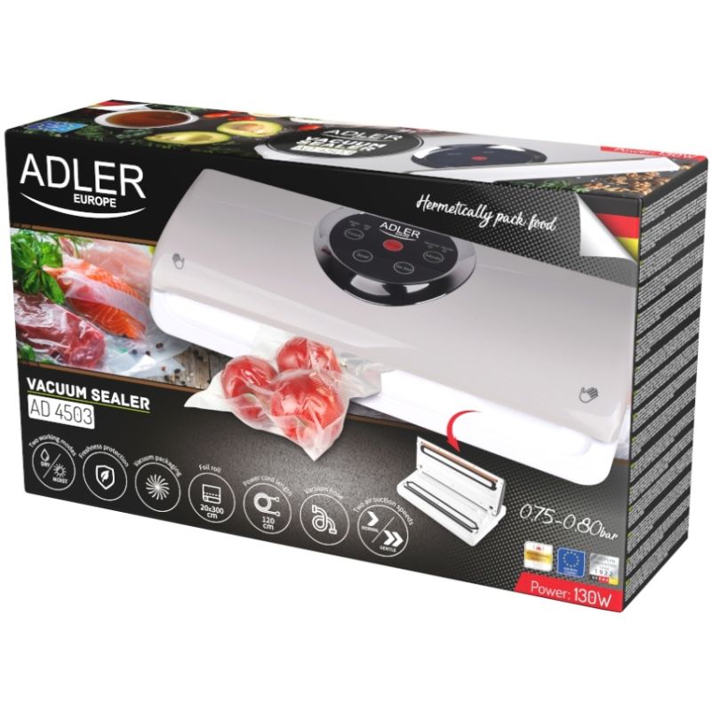 Вакууматор Adler AD 4503 для пакетів,рулонів та контейнерів/ 130Вт/ 30см/ ел. керування/ сірий (AD4503)