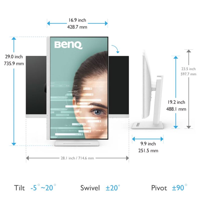 TFT 31.5" BenQ GW3290QT, IPS, 2K QHD, 75Hz, HDMI, DP, USB-C, HAS, Pivot, колонки, білий (9H.LLHLA.TBE)