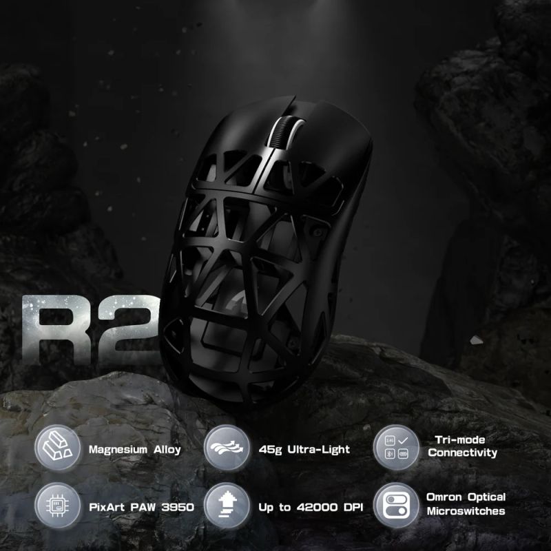 Мишка Attack Shark R2, Wireless/Bluetooth, 42000dpi, (PAW3950), 6кн., Black (R2B_AS)
