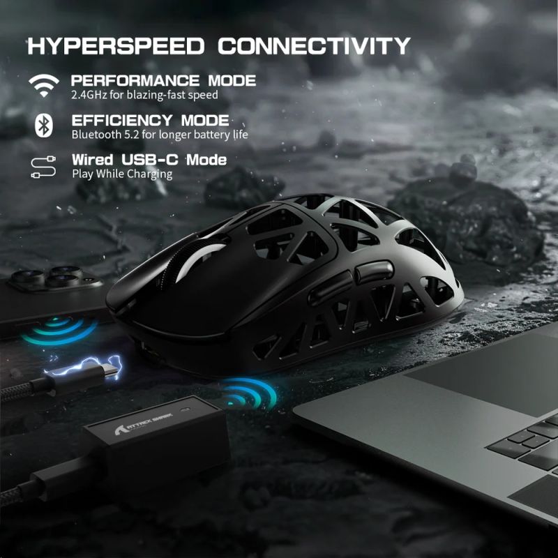 Мишка Attack Shark R2, Wireless/Bluetooth, 42000dpi, (PAW3950), 6кн., Black (R2B_AS)