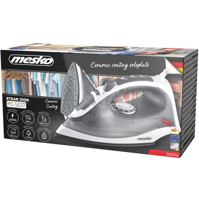 Праска Mesko MS 5037 grey 2800Вт/ 170 мл/ кераміка/ сухе прасування/ сіра (MS5037)