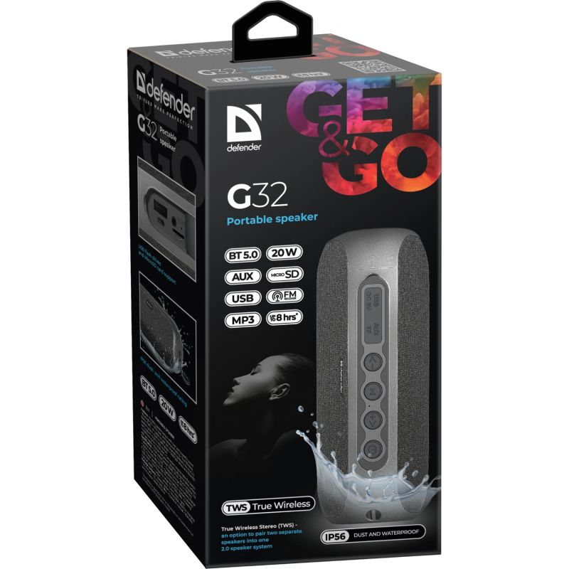 Акустична система 1.0 Defender G32 20W,BT/FM/USB/TF/AUX/TWS/IP56 (65232)