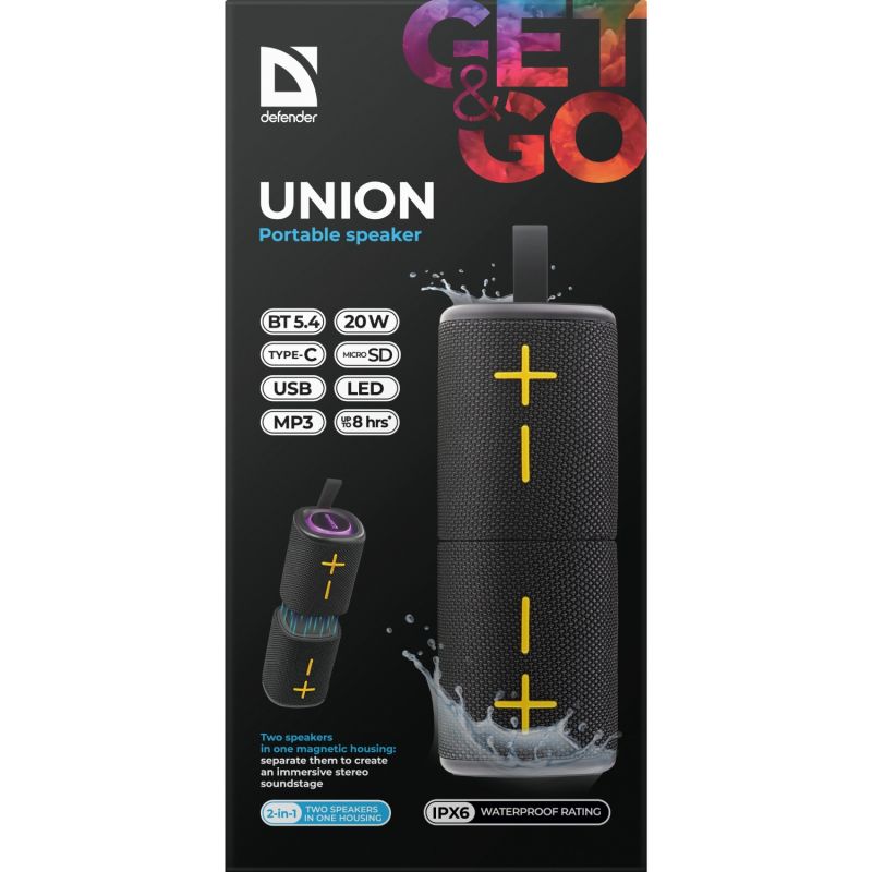 Акустична система 1.0 Defender Union 20Вт BT/USB/TF/AUX/2-in-1/RGB чорна (65139)