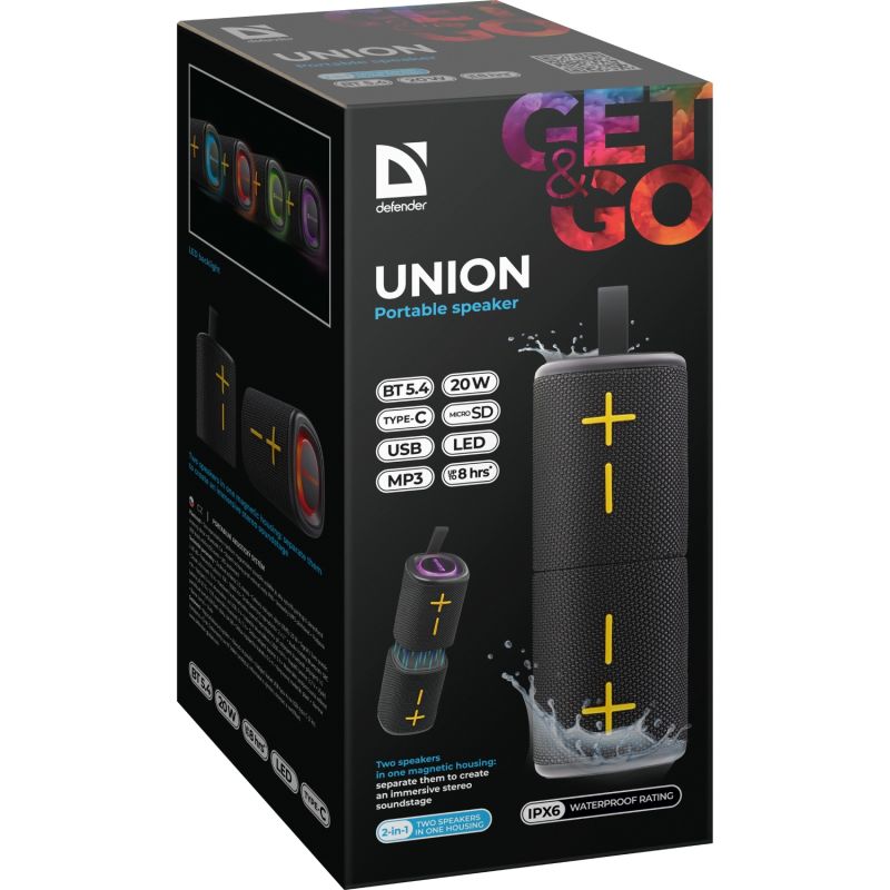 Акустична система 1.0 Defender Union 20Вт BT/USB/TF/AUX/2-in-1/RGB чорна (65139)