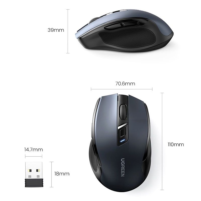 Мишка UGREEN 2.4GHz MU006 бездротова, Bluetooth, 4000dpi., 4кн.,Silence Design, Чорна (15063)