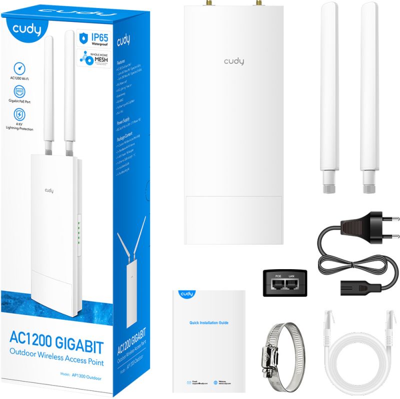 Точка доступу Cudy , AC1200 WiFi Gigabit Outdoor Access Point, 5GHz/2.4GHz, 1xGigabit (AP1300 Outdoor)
