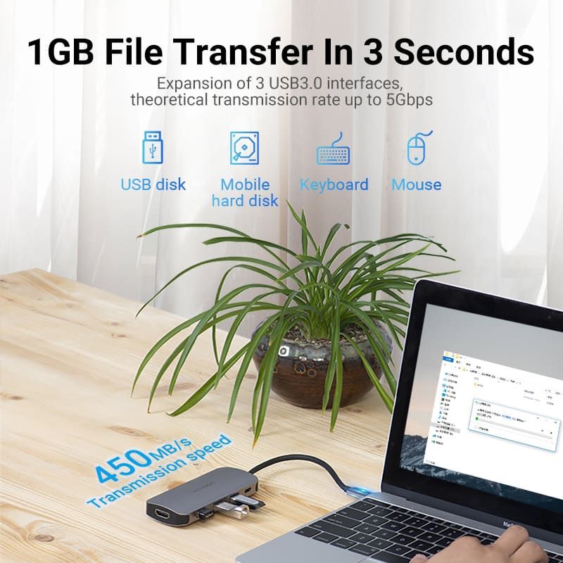 Док-станція USB3.1 Type-C --> HDMI 4K30Hz/USB 3.0х3//PD 100W 5-in-1 Vention (THFHB)