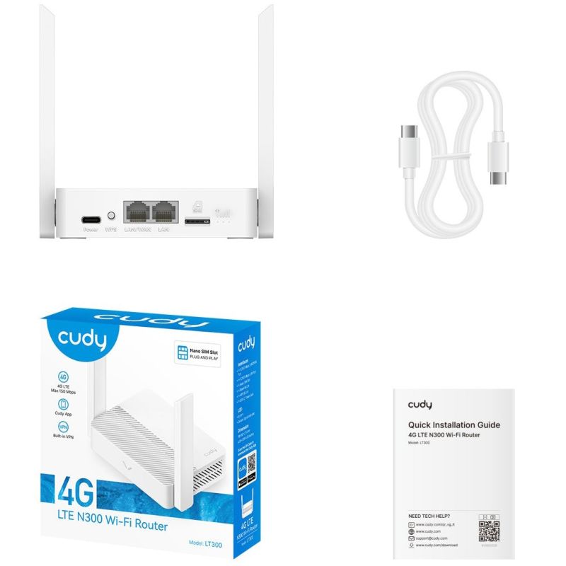 Маршрутизатор Cudy , N300 Wi-Fi, 4G LTE Cat4, USB-C power, Mini Router (LT300)