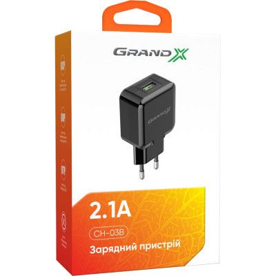 Зарядний пристрій Grand-X (CH-03B) (5V/2,1A) Black (CH-03B)