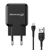 Зарядний пристрій Grand-X USB 5V 2.1A + cable USB to USB-C black (CH-03T)