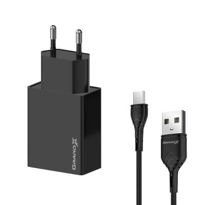 Зарядное устройство Grand-X 2xUSB 5V 2.4A + cable USB to USB-C black (CH-15T)