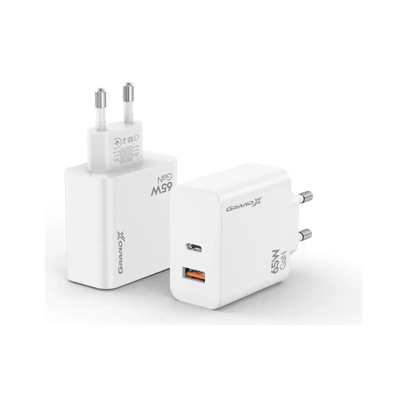 Зарядное устройство Grand-X GaN 1xUSB-C + 1xUSB 65W PD3.0 QC4.0 AFC SCP FCP white (CH-960W)