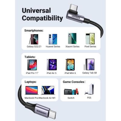 Дата кабель USB-C to USB-C 3.0m 60W US255 90-degree Angle Black Ugreen (80714)