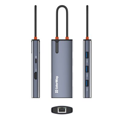 Порт-реплікатор ColorWay Docking Station USB-C 6-в-1 Type C PD 100W/USB3.0х3/HDMI 4К/RJ45 (CW-HUB02)