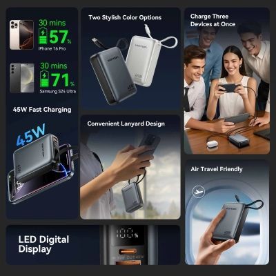 Батарея универсальная Vention 20000 mAh 45W Mini with Built-in USB-C Cable Gray (FHGH0)