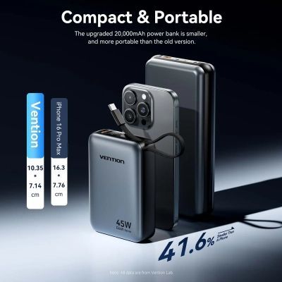 Батарея универсальная Vention 20000 mAh 45W Mini with Built-in USB-C Cable Gray (FHGH0)