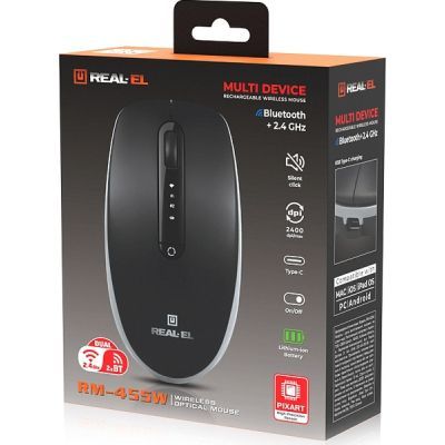 Мишка REAL-EL RM-455W Wireless/Bluetooth Black/Gray (EL123200047)