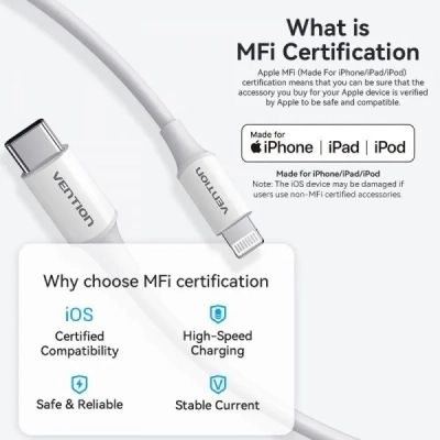 Дата кабель USB-C to Lightning 1.0m 3A white Vention (LAJWF)