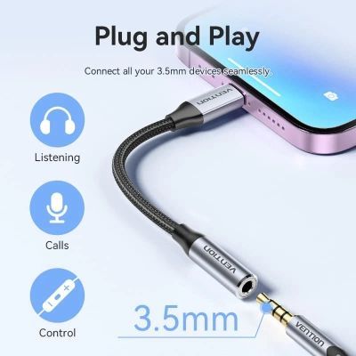 Перехідник Lightning to 3.5mm 0.1m cotton braided aluminum gray Vention (BMBHA)