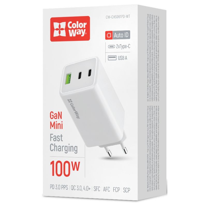 Зарядное устройство ColorWay C101B GaN Mini 100W PD PPS 2xUSB-C + USB-A white (CW-CHS061PD-WT)