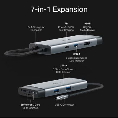 Концентратор TP-Link USB-C 7-in-1 3xUSB + HDMI + SD/TF + USB-C PD100W (UH7021C)
