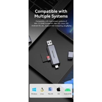 Зчитувач флеш-карт Vention USB 3.0 AM/USB-C to SD+TF Gray Dual Drive Letter Aluminum Alloy (CLLH0)