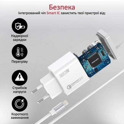 Зарядное устройство Promate 20W PD Lightning + USB QC3.0 (icharge-pdqc3.white)