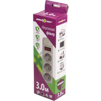 Сетевой фильтр питания Maxxter (SPM3-G-10G) серый 3 м кабель, 3 розетки (SPM3-G-10G)