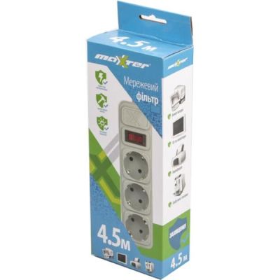 Сетевой фильтр питания Maxxter (SPM3-G-15G) grey, 4.5 м кабель, 3 розетки (SPM3-G-15G)
